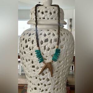 Turquoise and Brown Beaded Necklace with Antler Pendant